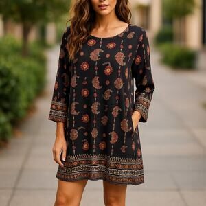 Gibiu Womens Dress Sz S Black Paisley Print Shift 3/4 Sleeve NEW‎